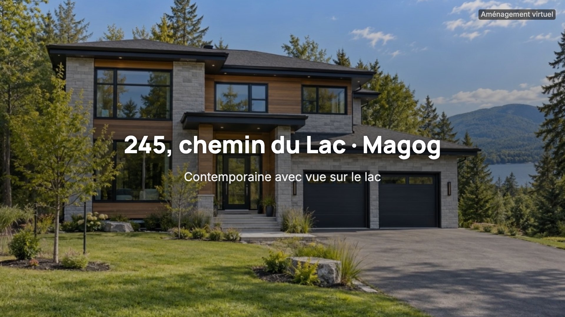 Image d'ouverture d'une vidéo immobilière avec l'adresse par-dessus la façade